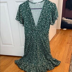 Trary Dark Green Floral Mini Wrap Dress